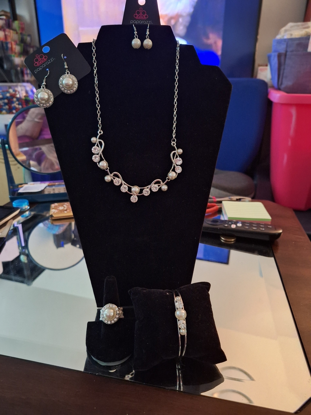 Paparazzi Silver Pearl & Crystal Statement Necklace Set - White Pearls